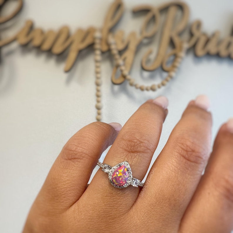 Pink Fire Opal Halo Ring, Art Deco Engagement Ring Opal Wedding Ring Pear Opal Diamond Ring Pear Opal Halo Engagement Promise