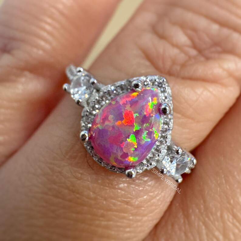 Pink Fire Opal Halo Ring, Art Deco Engagement Ring Opal Wedding Ring Pear Opal Diamond Ring Pear Opal Halo Engagement Promise