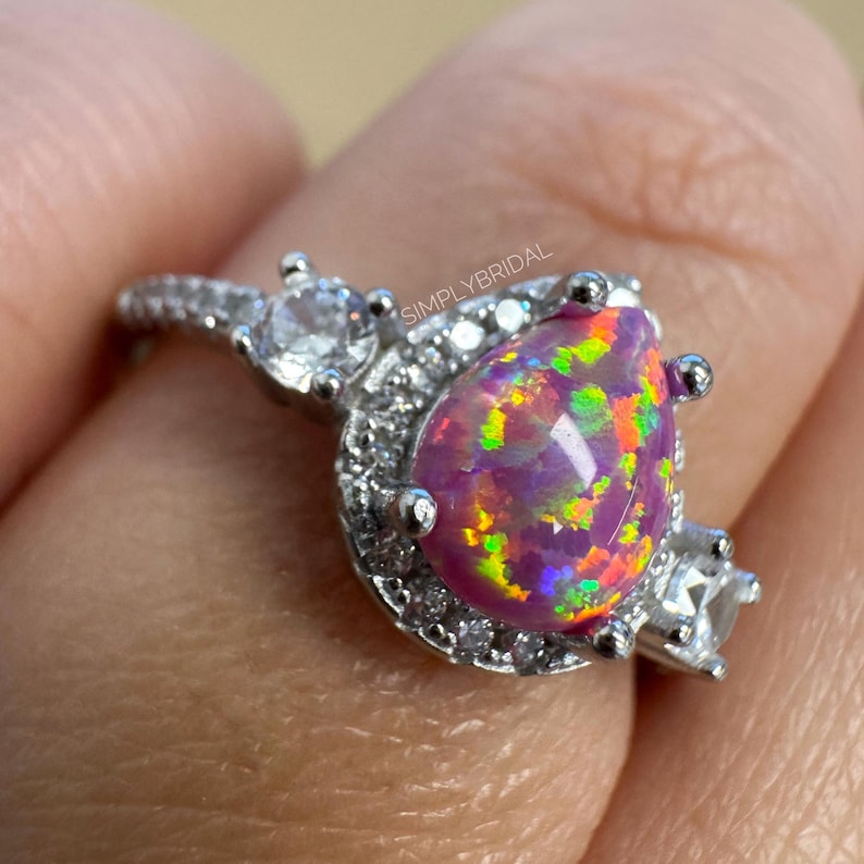 Pink Fire Opal Halo Ring, Art Deco Engagement Ring Opal Wedding Ring Pear Opal Diamond Ring Pear Opal Halo Engagement Promise