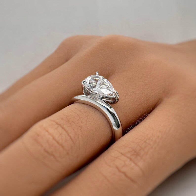 3.00ct Pear Moissanite Engagement Ring, Sideways Pear Moissanite, Statement Ring, Bridal, Pinky Ring, Sterling Silver with Vermeil 14k