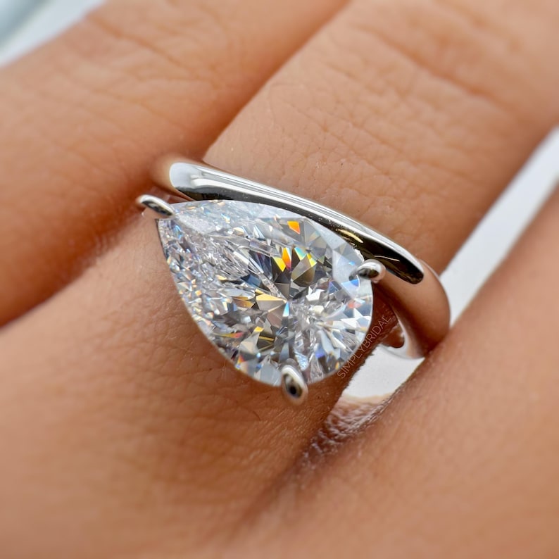 3.00ct Pear Moissanite Engagement Ring, Sideways Pear Moissanite, Statement Ring, Bridal, Pinky Ring, Sterling Silver with Vermeil 14k