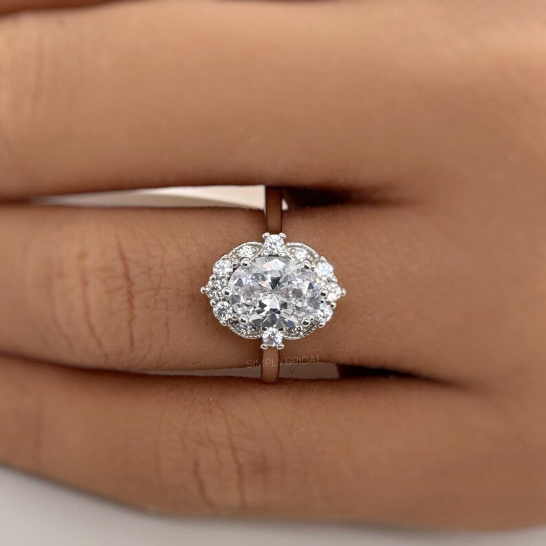 Art Deco Oval Moissanite Engagement Ring, Art Deco Halo Oval Moissanite Ring, Sterling Silver with Vermeil