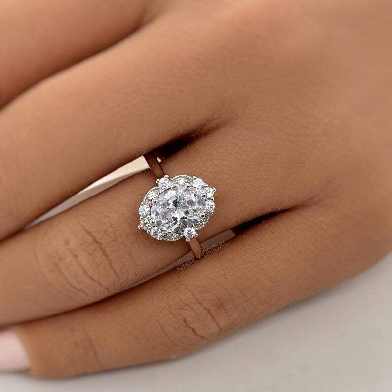 Art Deco Oval Moissanite Engagement Ring, Art Deco Halo Oval Moissanite Ring, Sterling Silver with Vermeil