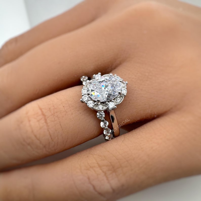 Art Deco Oval Moissanite Engagement Ring, Art Deco Halo Oval Moissanite Ring, Sterling Silver with Vermeil
