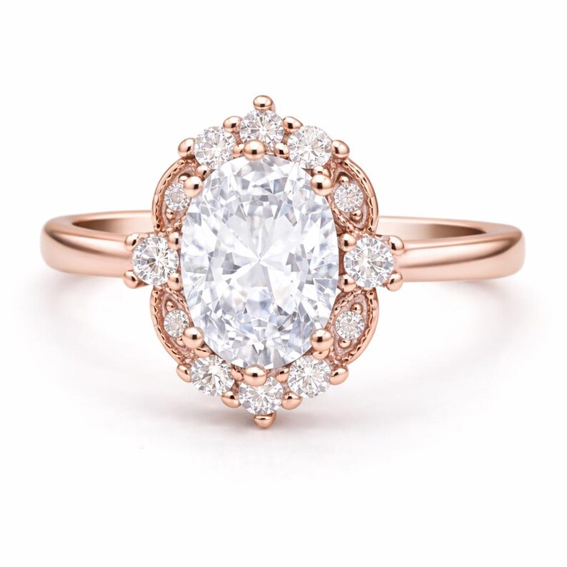 Art Deco Oval Moissanite Engagement Ring, Art Deco Halo Oval Moissanite Ring, Sterling Silver with Vermeil
