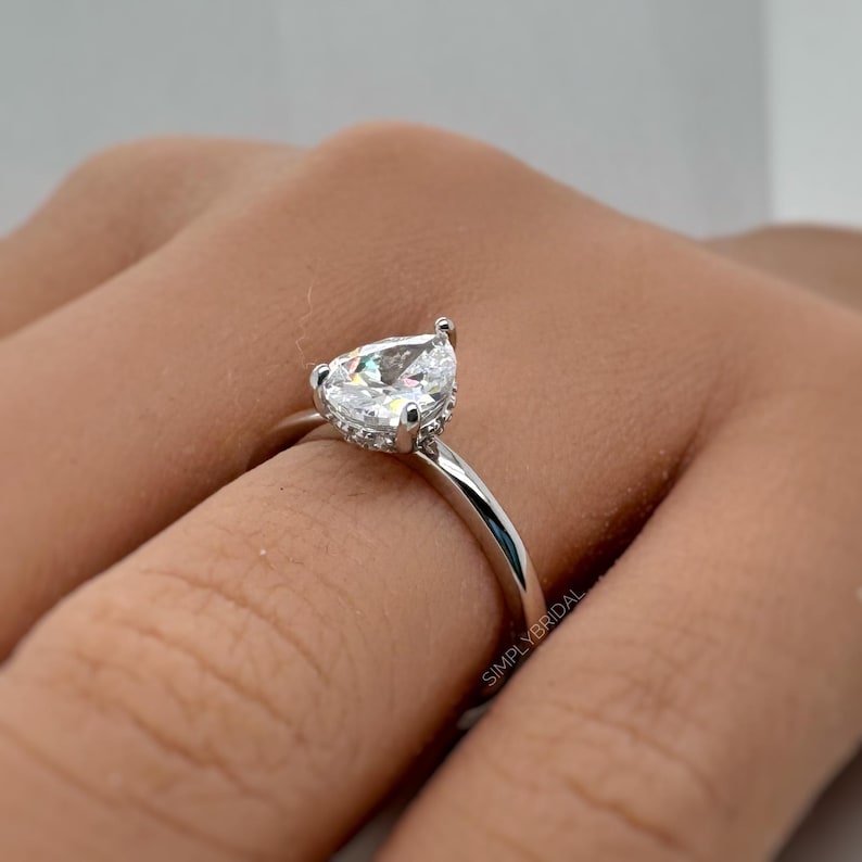 Pear Moissanite Engagement Ring, Hidden Halo, Teardrop Solitaire Ring, Moissanite Bridal Ring, Proposal Ring, Pear Moissanite Ring 1.25ct