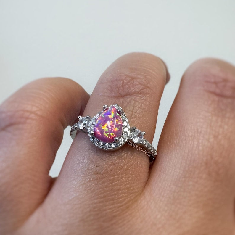 Pink Fire Opal Halo Ring, Art Deco Engagement Ring Opal Wedding Ring Pear Opal Diamond Ring Pear Opal Halo Engagement Promise