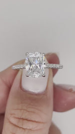 Load and play video in Gallery viewer, 2.50 Elongated Cushion Cut Moissanite Engagement Ring, Solitaire Long Cushion Cut Moissanite Ring, Sterling Silver with Vermeil or 14k Gold