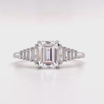 Load and play video in Gallery viewer, Art Deco Moissanite Engagement Ring, 1.00ct Emerald Cut, Art Deco Ring, Art Deco Emerald Cut Moissanite Engagement Ring, Bridal Ring