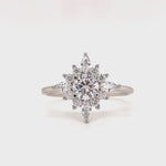 Load and play video in Gallery viewer, Starburst Moissanite Engagement Ring, Sparkle Dainty Ring, Star Ring, Art Deco Moissanite Ring, Flower Cluster Anniversary Ring, Bridal Ring
