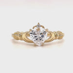 Load and play video in Gallery viewer, Irish Claddagh Ring Set, Heart Simulated Diamond Accent Claddagh Engagement Ring Set, Traditional Irish Ring, Bridal Ring Set