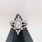 Load and play video in Gallery viewer, 1.00ct Pear Halo Ring Set, 3 Ring Set, Art Deco Pear Marquise Bands, Teardrop Engagement Ring Set, Wedding Set Sterling Silver with Vermeil