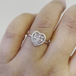 Load and play video in Gallery viewer, 1.00ct Heart Diamond Halo Engagement Ring, Heart Bridal Ring, Proposal Ring, Simple Heart Ring, Sterling Silver with Simulated Diamonds
