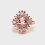 Load and play video in Gallery viewer, Oval Morganite Art Deco, Victorian Engagement Ring, Baguette Halo, Morganite Engagement Ring, Large Rose Gold Morganite Ring