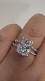 Load and play video in Gallery viewer, 3.50 Elongated Cushion Cut Moissanite Engagement Ring, Split Band, Double Band, Long Cushion Cut Moissanite, Sterling Silver with Vermeil