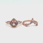 Load and play video in Gallery viewer, Pear Morganite Art Deco Engagement Ring Set, Diamond Bridal Set, Art Deco Rings, Sterling Silver, Bridal Ring Set Morganite Simulate Diamond
