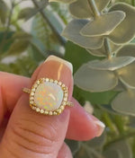 Load and play video in Gallery viewer, Art Deco Fire Opal Halo Ring: Sterling Silver Engagement Ring