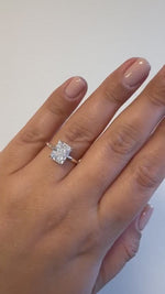 Load and play video in Gallery viewer, 3.00ct Crushed Ice Moissanite Engagement Ring, Radiant Cut Crushed Ice Solitaire Ring, Hidden Halo, Sterling Silver with Vermeil, Moissanite