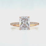 Load and play video in Gallery viewer, 2.50ct Radiant Cut Moissanite Engagement Ring, Radiant Solitaire Ring, Moissanite, Sterling Silver, Gold, Rose Gold Vermeil