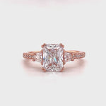Load and play video in Gallery viewer, 2.00ct Radiant Cut Engagement Ring, Radiant &amp; Trapezoid Diamond Solitaire Ring, Simulated Diamonds, Sterling Silver with Vermeil, Minimalist
