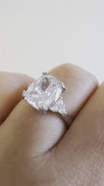 Load and play video in Gallery viewer, 3.50 Elongated Cushion Cut Moissanite Engagement Ring, Double Prong, Side Accents, Long Cushion Cut Moissanite, Sterling Silver with Vermeil