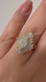 Load and play video in Gallery viewer, Art Deco Cluster Engagement Ring, Marquise Baguette Cluster, Wedding Ring Simulated Diamond, Bridal Ring Art Deco
