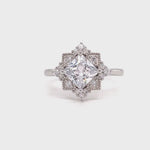 Load and play video in Gallery viewer, Art Deco Princess Engagement Ring, Princess Diamond, Square Antique Cluster Ring, Wedding Ring Princess Engagement Ring