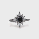 Load and play video in Gallery viewer, Art Deco Black Diamond Engagement Ring, Vintage Dainty Black Ring, Black Star Ring, Starburst Statement Black Rhodium Ring