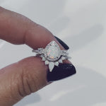 Load and play video in Gallery viewer, Opal Engagement Ring Set, Art Deco Fitted Opal Ring Set, Opal Bridal Set, Wedding Ring Opal Band, Pear Opal Ring