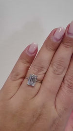 Load and play video in Gallery viewer, 4.00ct Emerald Cut Moissanite Engagement Ring, Thin Emerald Solitaire, Hidden Halo, Long Emerald Moissanite Ring, Silver Vermeil, 14k