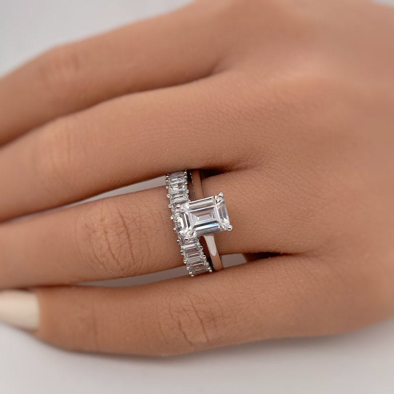 1.75ct Emerald Cut Moissanite Engagement Ring Set