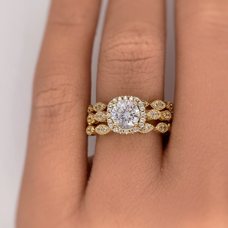 3 Ring Set 1.00ct Round Halo Engagement Ring Set