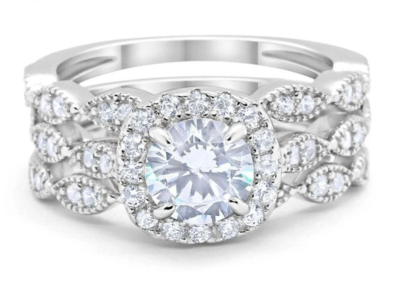 3 Ring Set 1.00ct Round Halo Engagement Ring Set