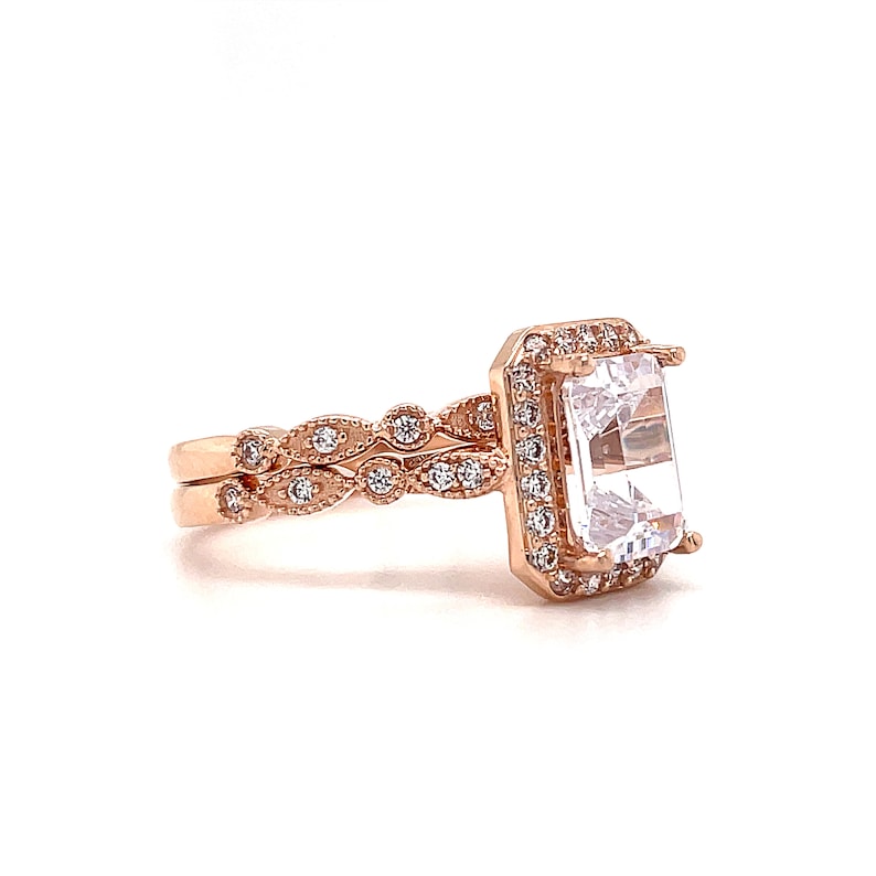 2.00ct Emerald Cut Art Deco Engagement Ring Set