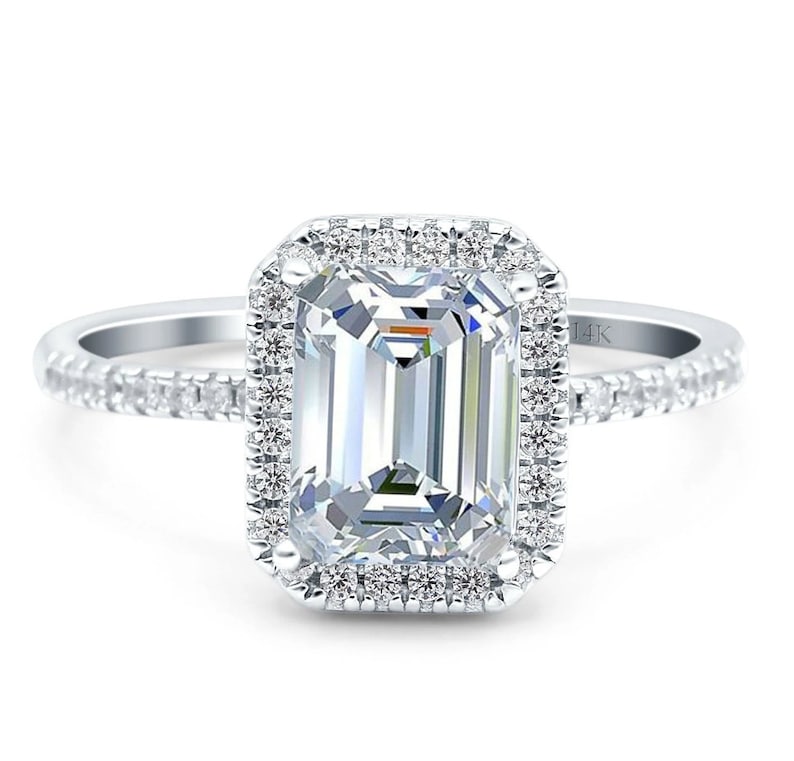 1.75ct Moissanite Emerald Cut Halo Engagement Ring